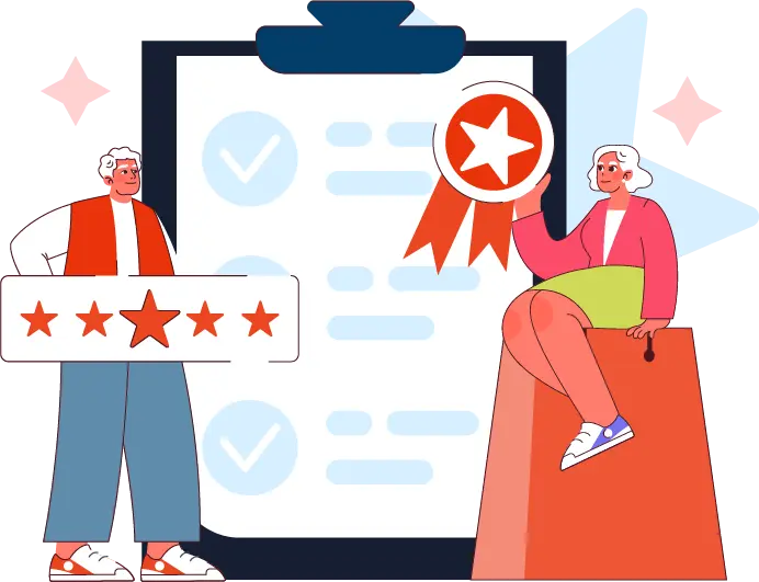 Illustration of a woman holding a laptop pointing at a pie chart with people icons around it, representing management and leadership skills