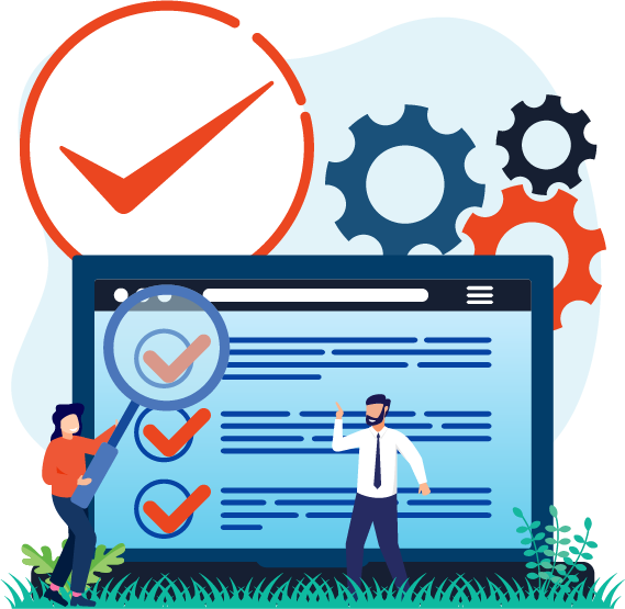 Illustration of a woman holding a laptop pointing at a pie chart with people icons around it, representing management and leadership skills