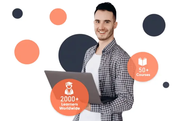 Smiling young man holding a laptop, surrounded by orange and dark blue circles