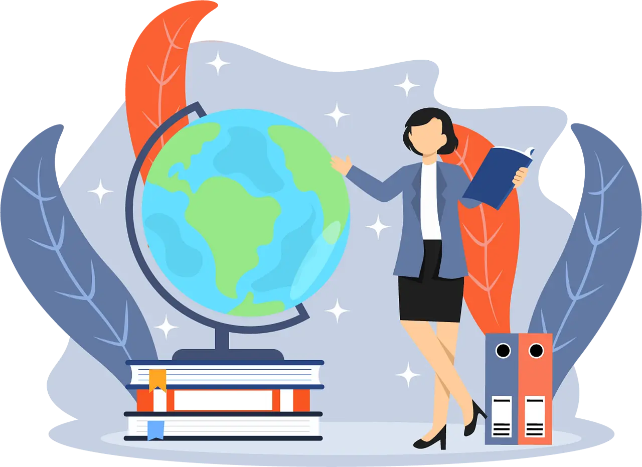 Illustration of a woman holding a laptop pointing at a pie chart with people icons around it, representing management and leadership skills