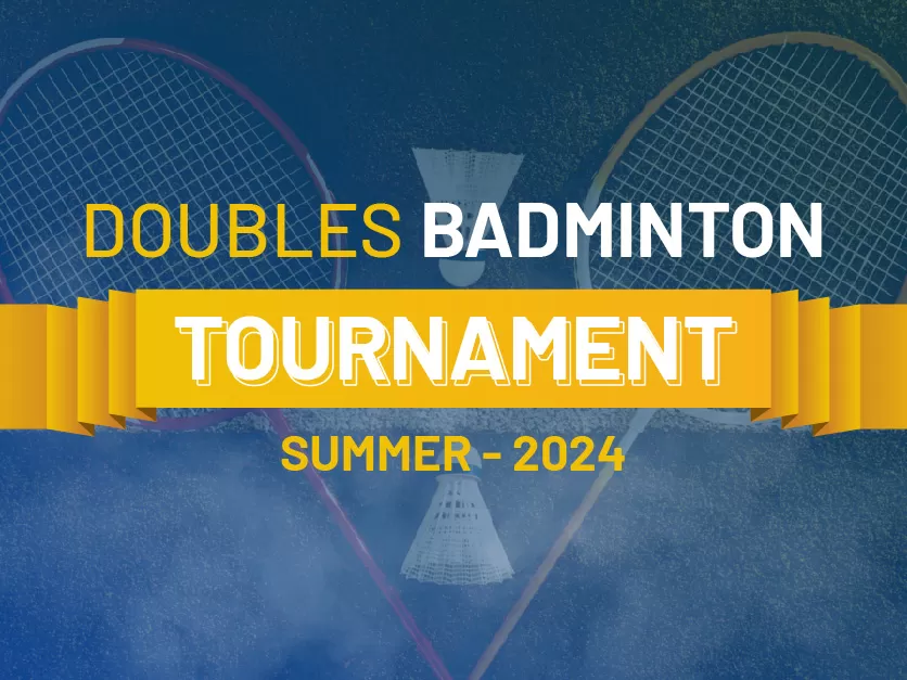 Illustration of badminton player in red shirt hitting shuttlecock on a blue and orange background representing Badminton Tournament Spring 2025